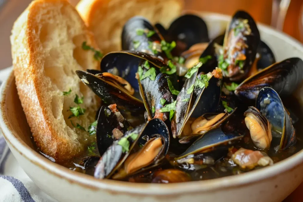 A bowl of recette moules marinières with crusty bread.