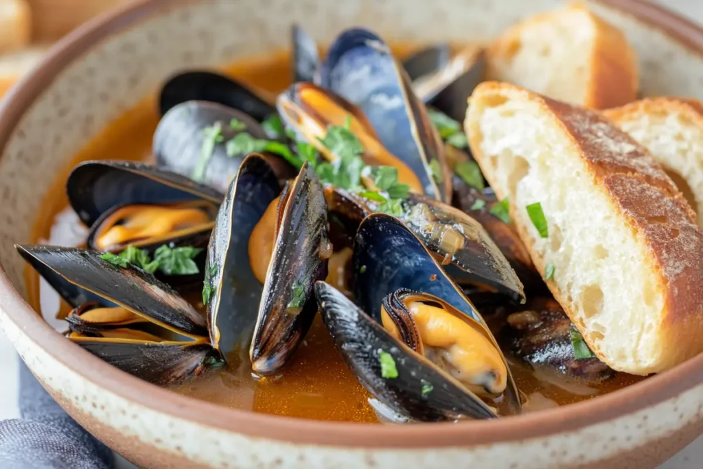 A bowl of recette moules marinières with crusty bread.