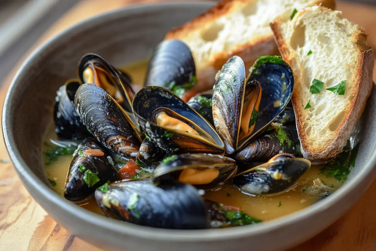 A bowl of recette moules marinières with crusty bread.