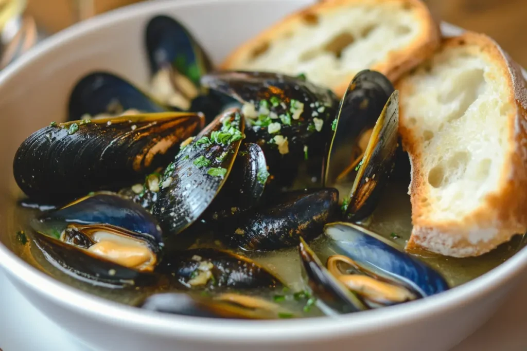 A bowl of recette moules marinières with crusty bread.