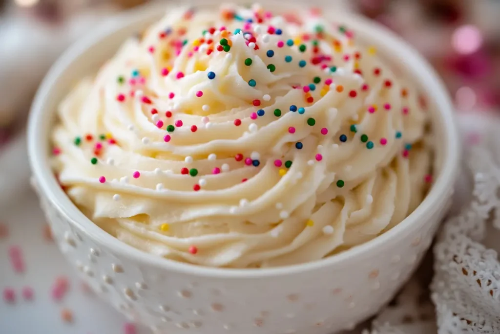 A bowl of smooth sugar cookie frosting recipe.