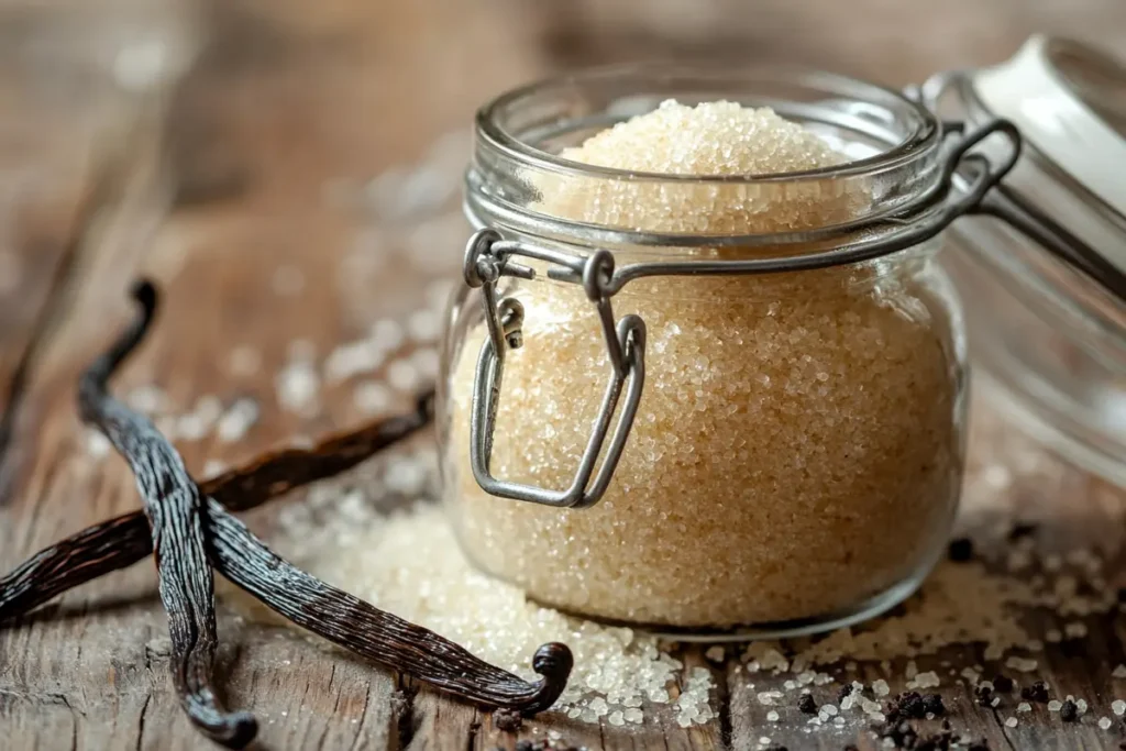 A jar of homemade vanilla sugar recipe.