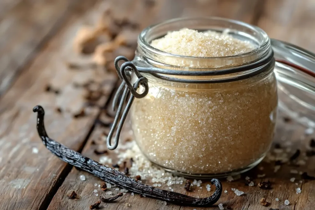 A jar of homemade vanilla sugar recipe.