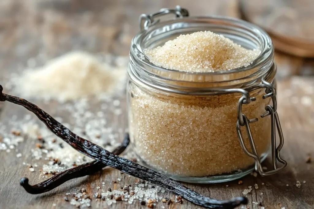 A jar of homemade vanilla sugar recipe.