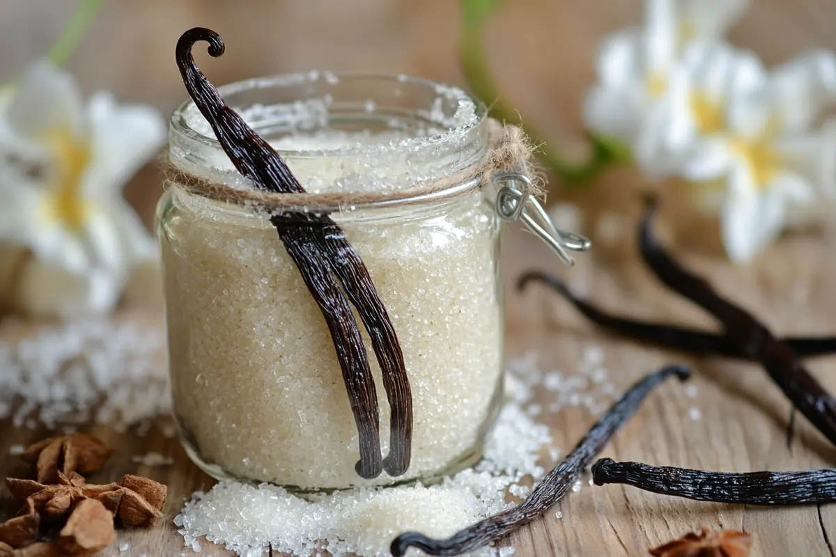 A jar of homemade vanilla sugar recipe.