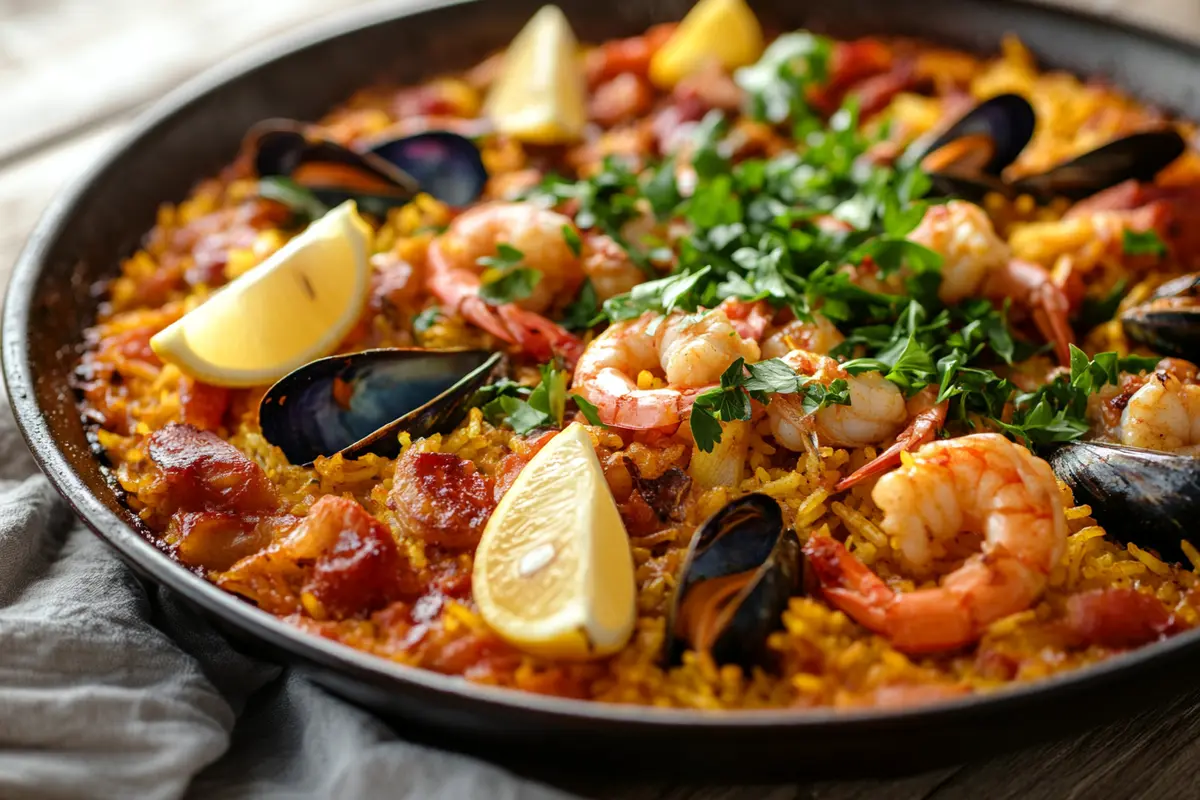 : A pan of paella recette with seafood and meat.