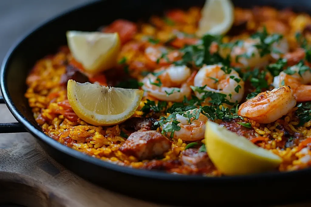: A pan of paella recette with seafood and meat.
