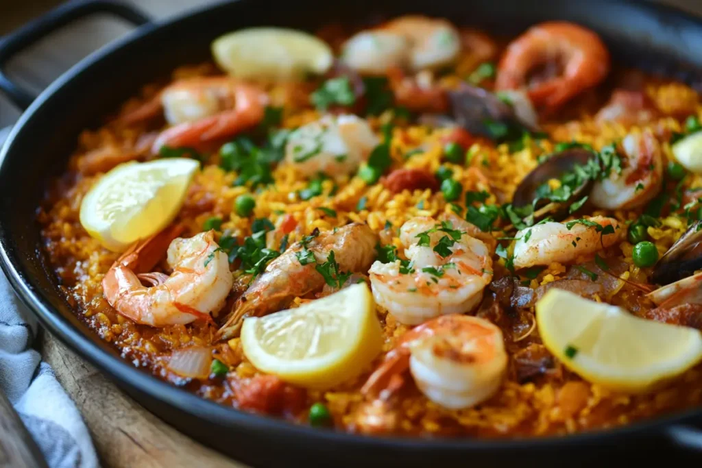 : A pan of paella recette with seafood and meat.