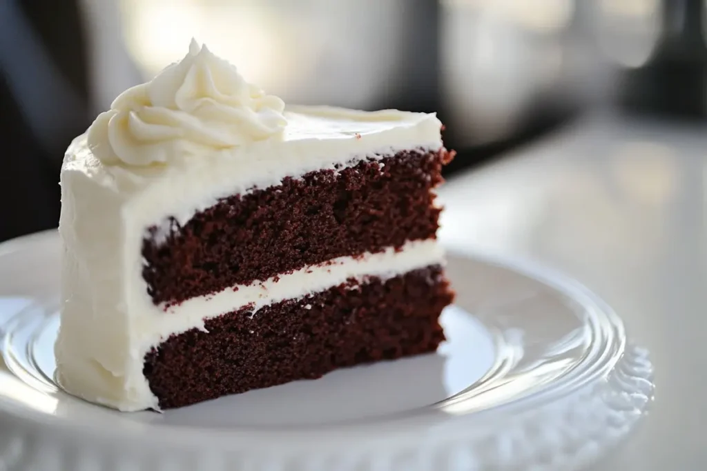A moist and delicious red velvet cake recipe on a plate
