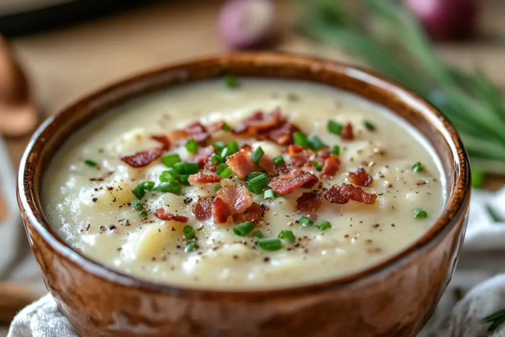 Creamy crock pot crack potato soup in a bowl, garnished with green onions and bacon.