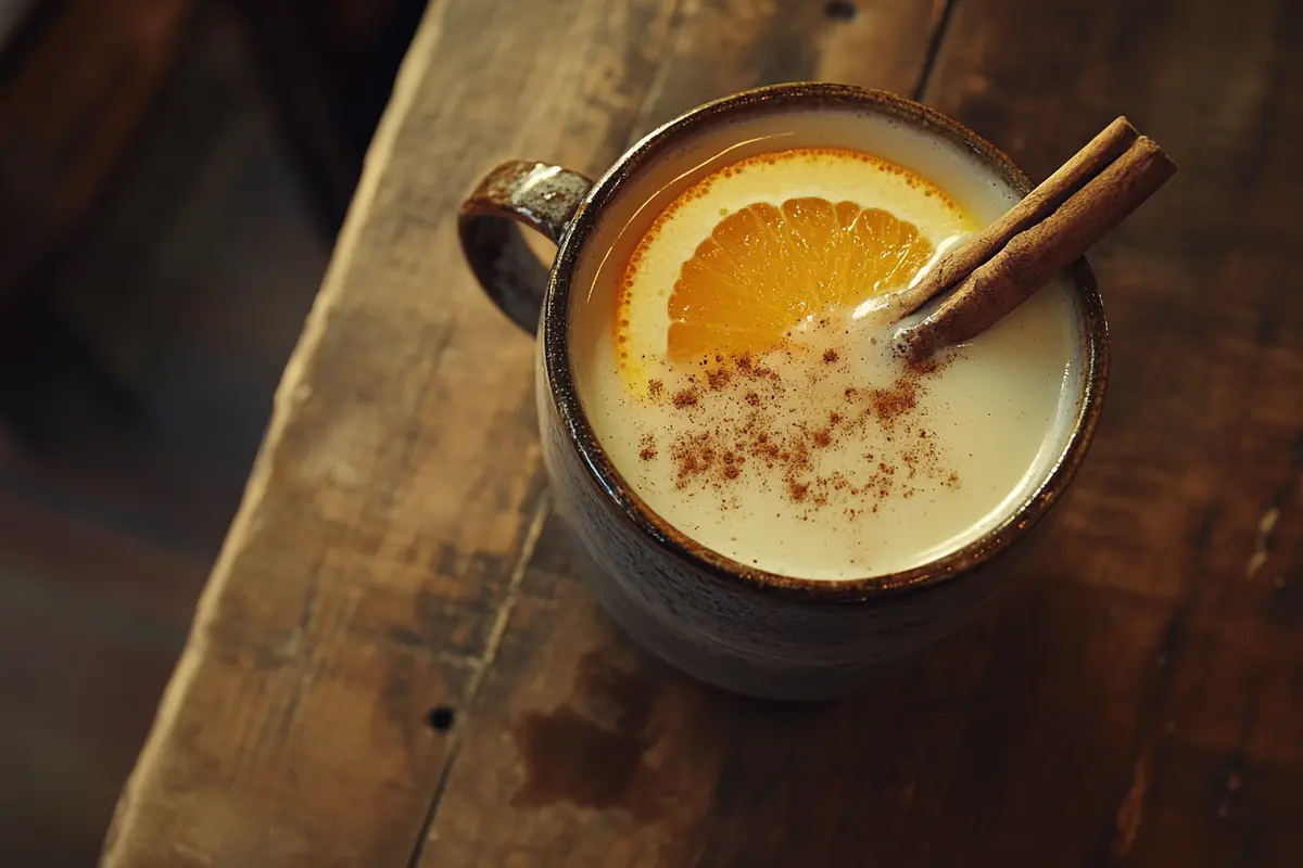 Wassail recipe in a clear glass mug.