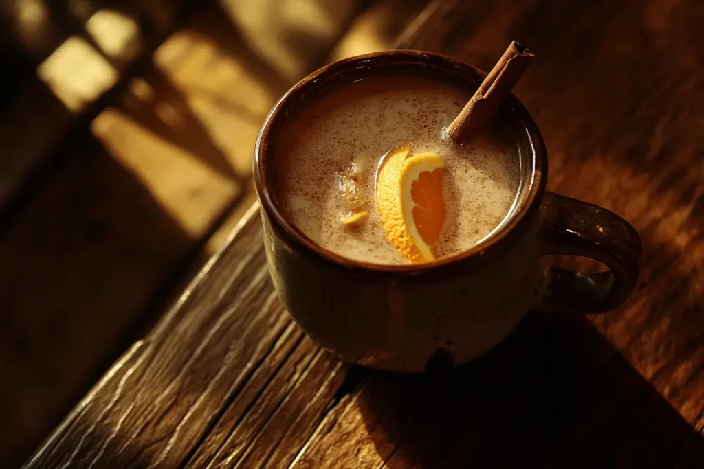 Wassail recipe in a clear glass mug.