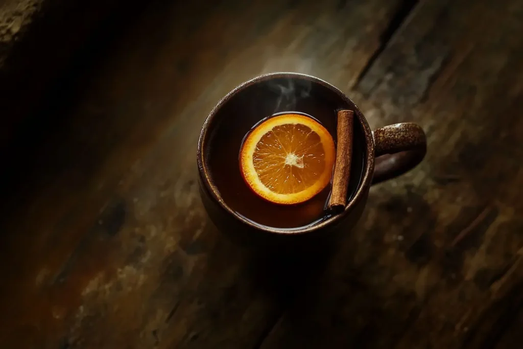 Wassail recipe in a clear glass mug.