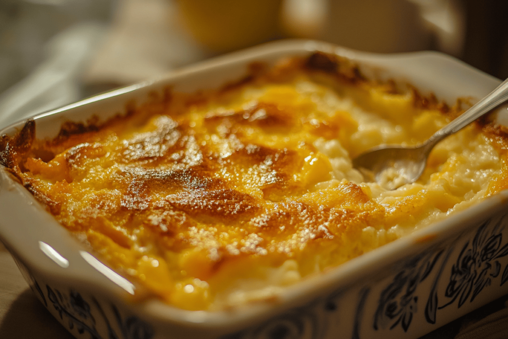 Delicious peach cobbler recipe with cake mix fresh from the oven, ready to serve.