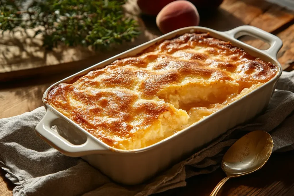 Delicious peach cobbler recipe with cake mix fresh from the oven, ready to serve.