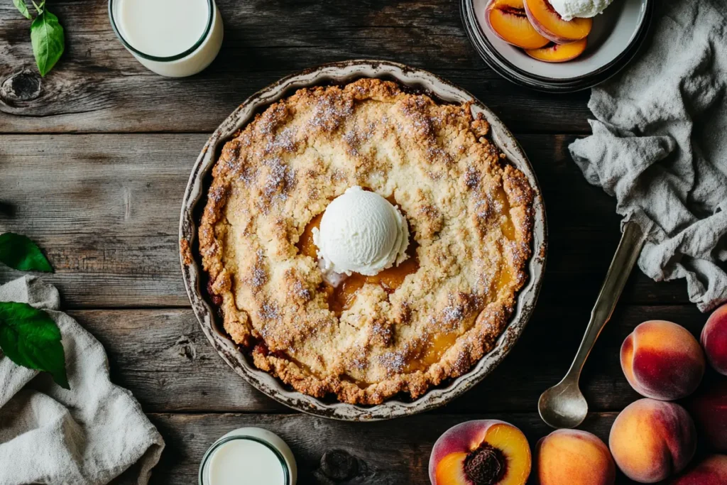 Delicious peach cobbler recipe with cake mix fresh from the oven, ready to serve.
