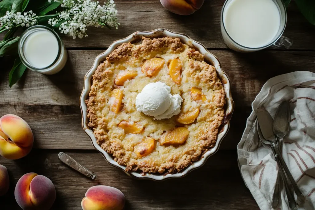 Delicious peach cobbler recipe with cake mix fresh from the oven, ready to serve.