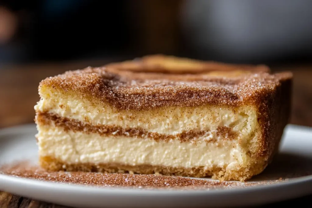 A delicious slice of churro cheesecake recipe.