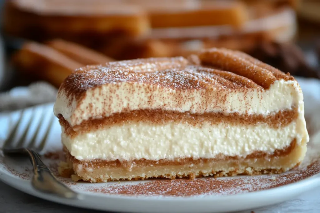 A delicious slice of churro cheesecake recipe.