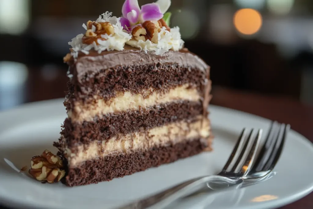 Delicious Baker's German chocolate cake with coconut frosting.