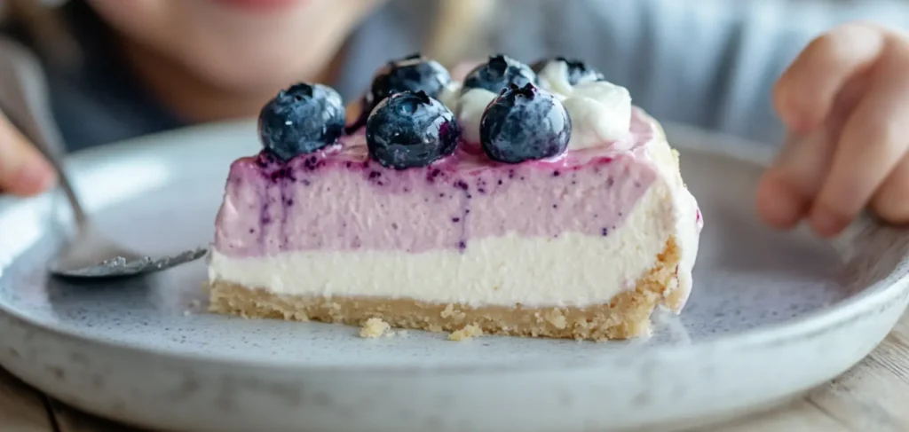 Delicious blueberry cheesecake recipe slice on a plate.