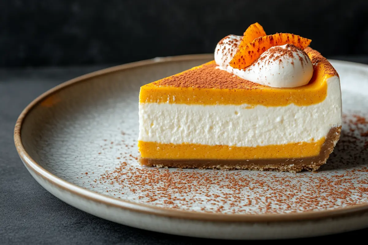 : Delicious pumpkin cheesecake recipe slice on a plate.