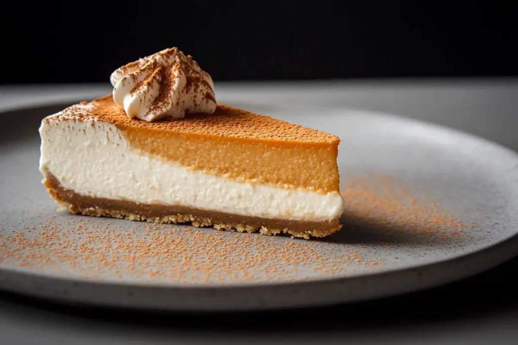 : Delicious pumpkin cheesecake recipe slice on a plate.