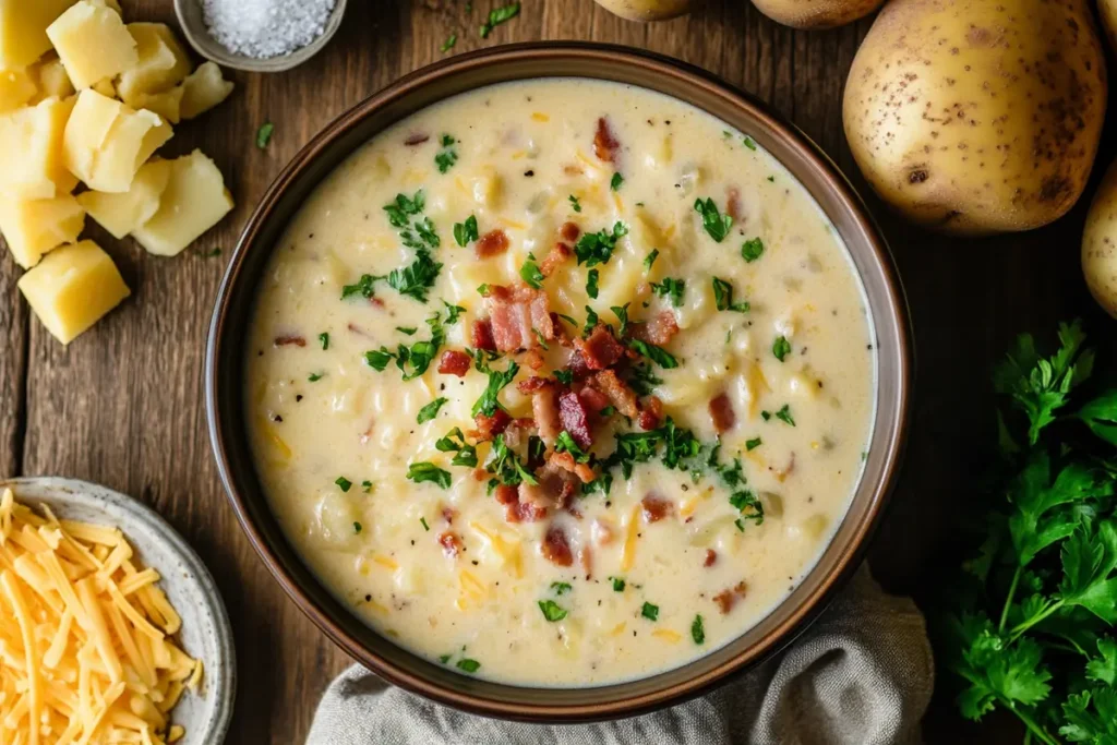 Creamy crock pot crack potato soup in a bowl, garnished with green onions and bacon.