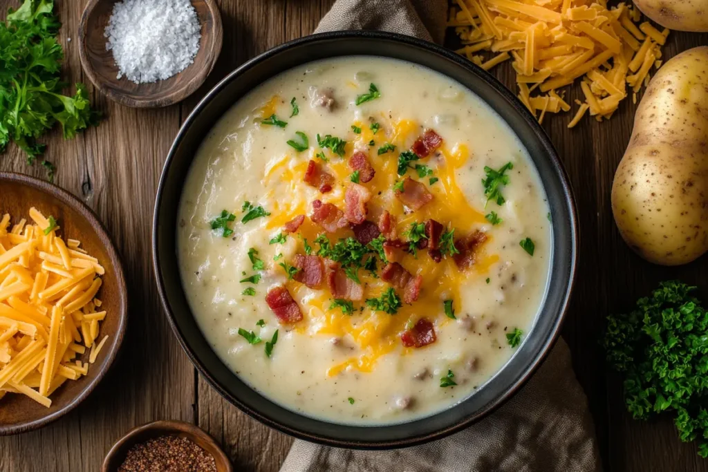 Creamy crock pot crack potato soup in a bowl, garnished with green onions and bacon.