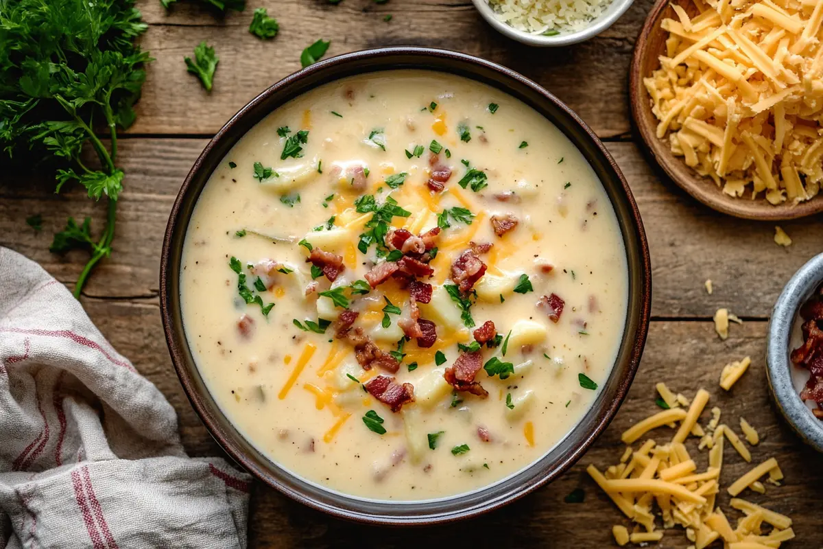 Creamy crock pot crack potato soup in a bowl, garnished with green onions and bacon.