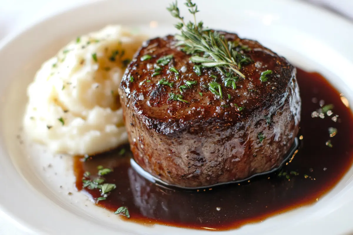 Perfectly cooked filet mignon steak on a plate