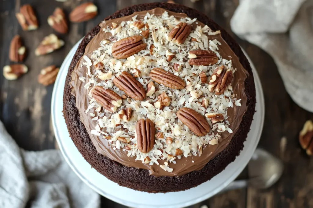 Delicious Baker's German chocolate cake with coconut frosting.