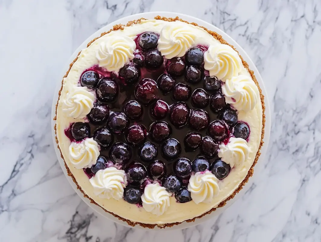 Delicious blueberry cheesecake recipe slice on a plate.