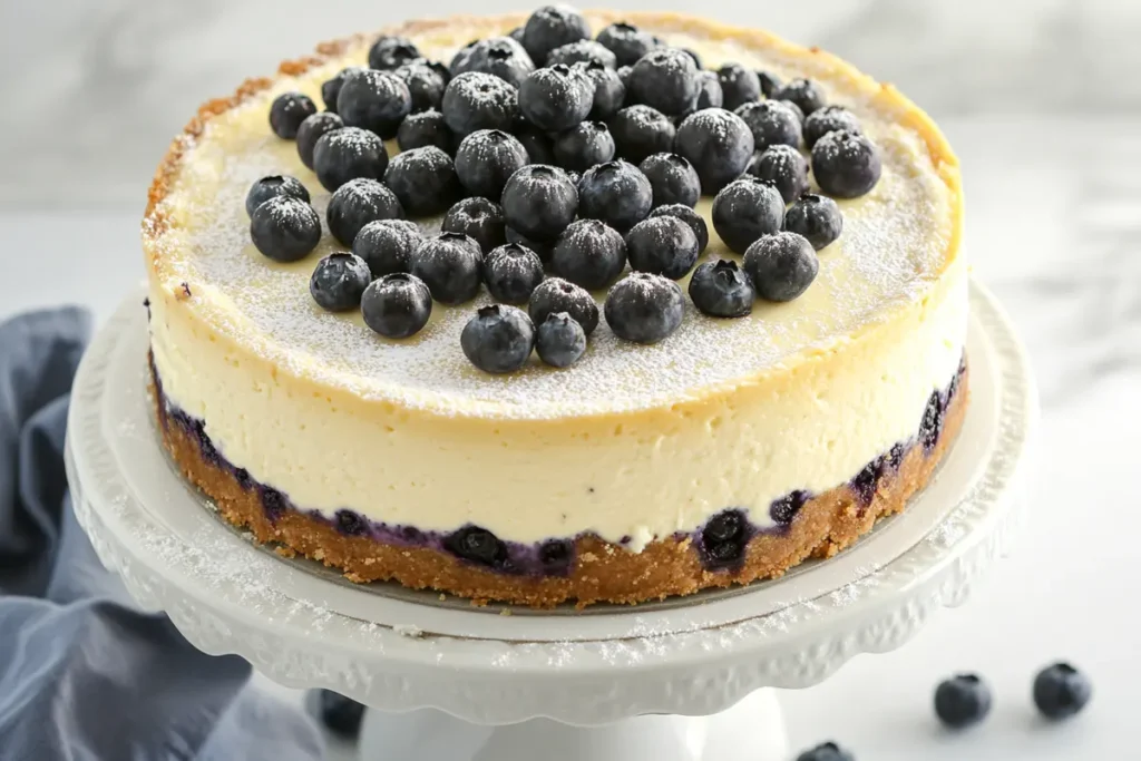 Delicious blueberry cheesecake recipe slice on a plate.