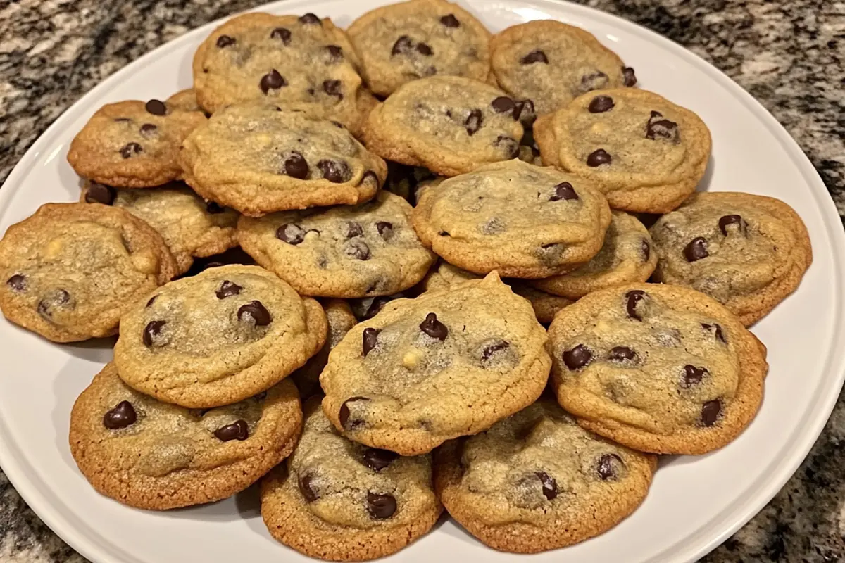 Delicious sourdough chocolate chip cookies on a plate.
