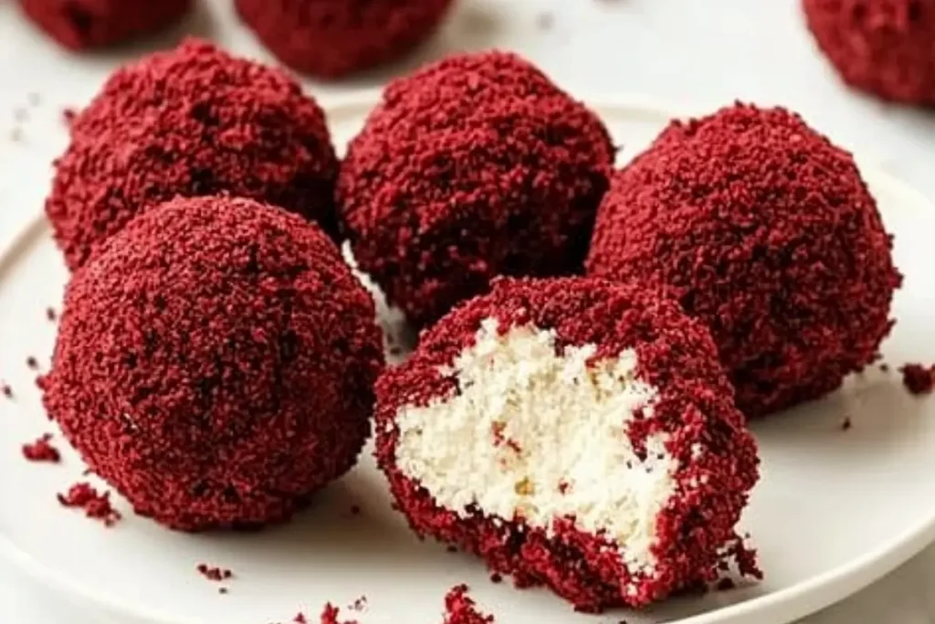 Delicious Red Velvet Cheesecake Bites on a plate
