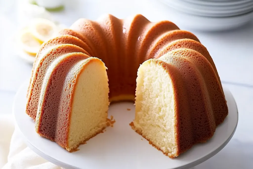 Overhead view of a classic pound cake with berries and powdered sugar.